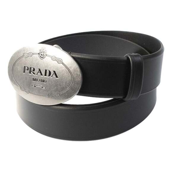 Prada Mens Navy Saffiano Leather Belt Silver Belt Buckle Size